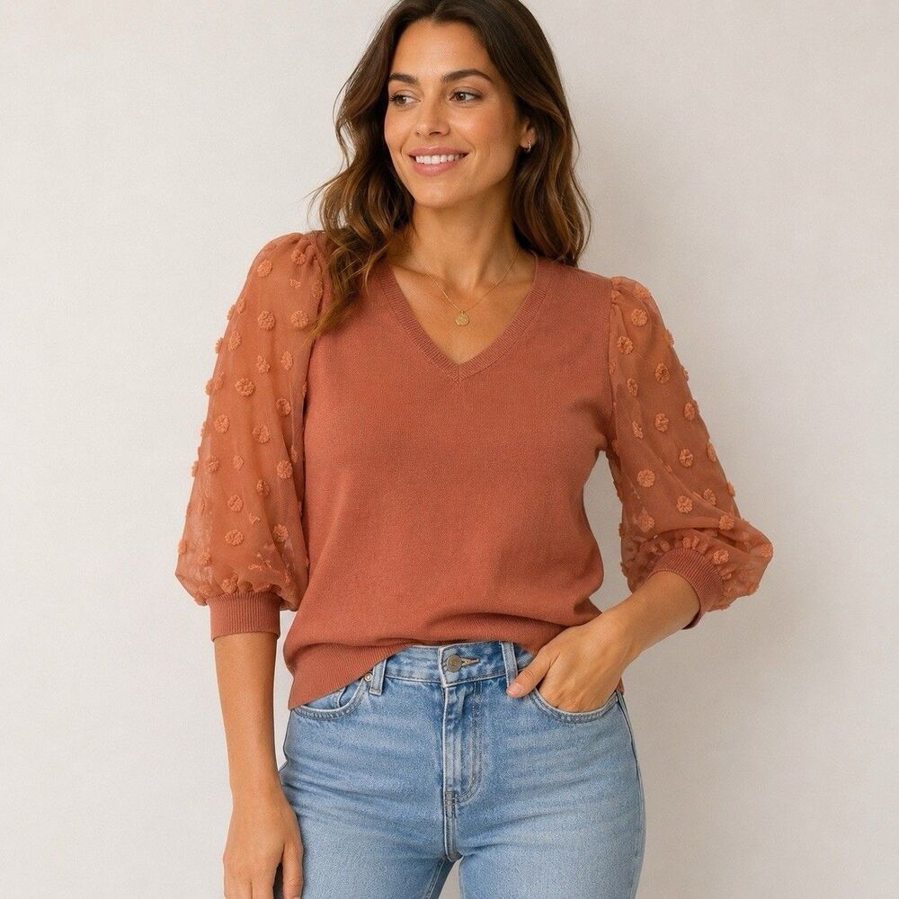 Adrianna Papell Rust Textured Puff-Sleeve V-Neck Sweater